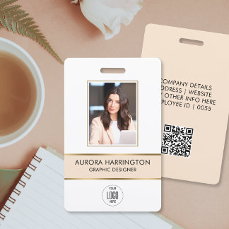 Modern ID Card Beige Gold Employee Photo Logo ID Badge