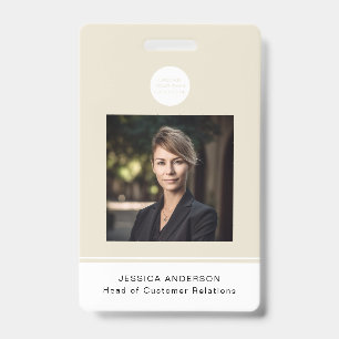 Modern ID Card Beige Minimal Logo Photo QR Code Badge