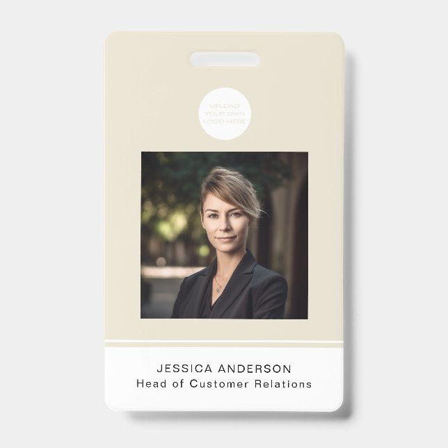 Modern ID Card Beige Minimal Logo Photo QR Code Badge (Front)