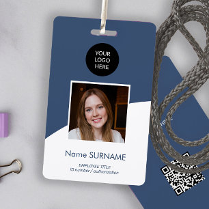 Modern ID card custom logo photo QR code navy Badge