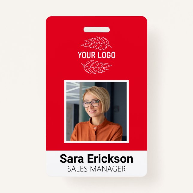 Modern ID Card Red Business Employee Bar Code ID Badge (Front)