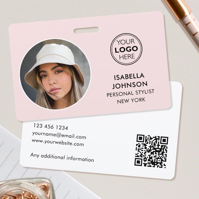 Modern ID Photo Logo QR Code Blush Pink Security ID Badge (Creator Uploaded)