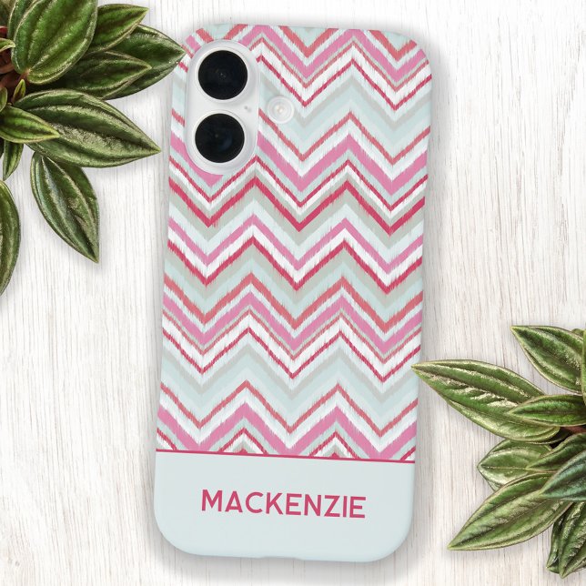 Modern Ikat Chevron Stripe Personalised Name Case-Mate iPhone Case (Personalized name modern geometric ikat zigzag chevron pattern cell phone case in mint green pink)