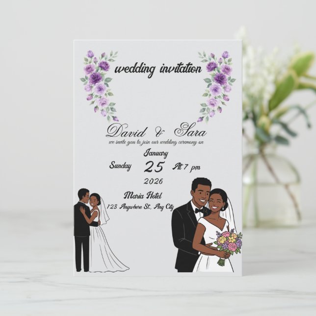 Modern Illustrated Black Couple Wedding Invitation (Standing Front)