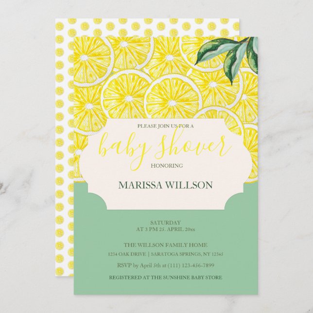 Modern Illustrated Lemon Slices Watercolor Art Invitation (Front/Back)