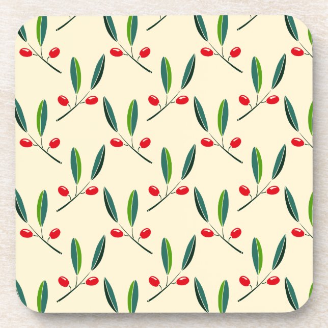 Modern Illustrated Red Berries Pattern Coaster (Front)