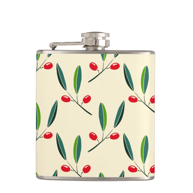 Modern Illustrated Red Berries Pattern Hip Flask (Front)