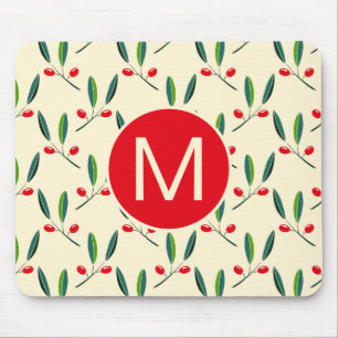 Modern Illustrated Red Berries Pattern Monogram Mouse Pad