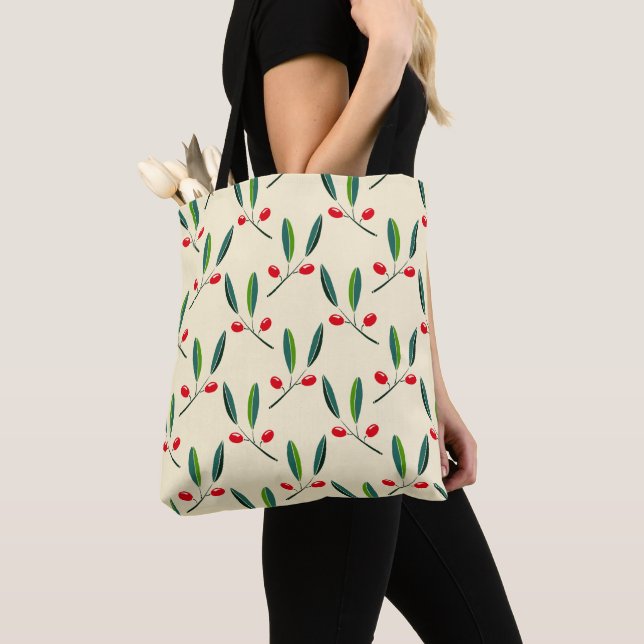 Modern Illustrated Red Berries Pattern Tote Bag (Close Up)
