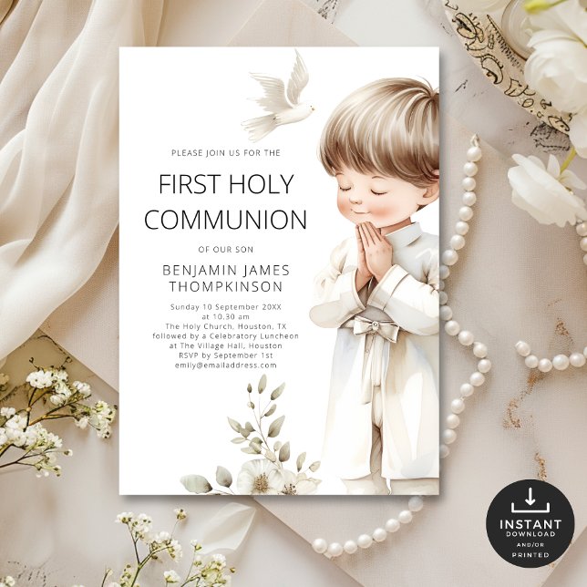 Modern illustration Boy Praying 1st Holy Communion Invitation (Creator Uploaded)