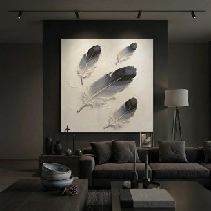 Modern Impasto Textured Black and Grey Feather Oil Canvas Print