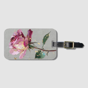 Modern Impressionist Gold Leaf Pink Rose Oil Paint Luggage Tag
