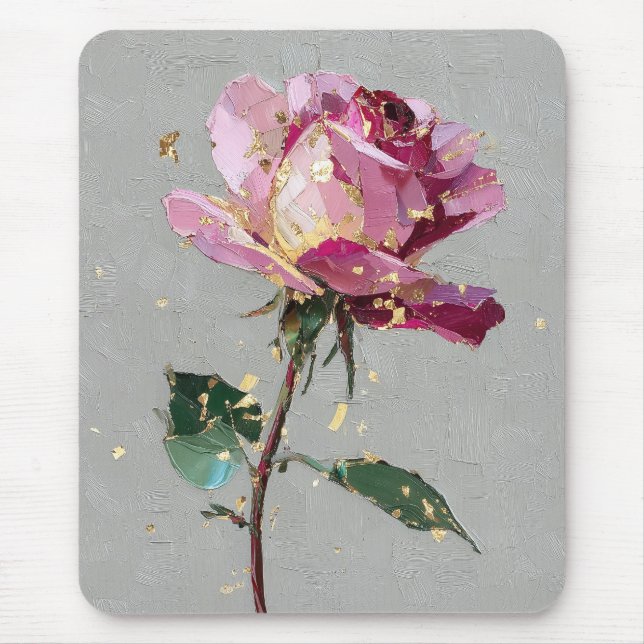 Modern Impressionist Gold Leaf Pink Rose Oil Paint Mouse Pad (Front)
