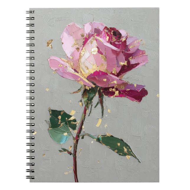 Modern Impressionist Gold Leaf Pink Rose Oil Paint Notebook (Front)