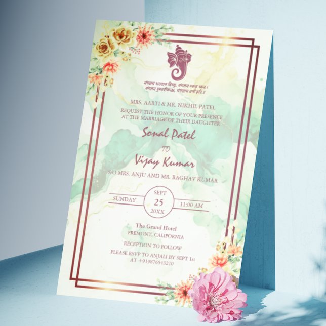 Modern Indian Hindu Wedding Ganesha Floral Marble Invitation (Creator Uploaded)