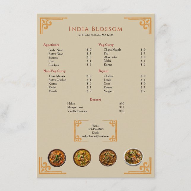  Modern Indian Restaurant Gold Border Flat Menu (Front)