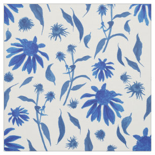 Modern Indigo Blue Cone Flowers on White Fabric