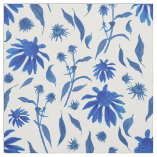 Modern Indigo Blue Cone Flowers on White Fabric