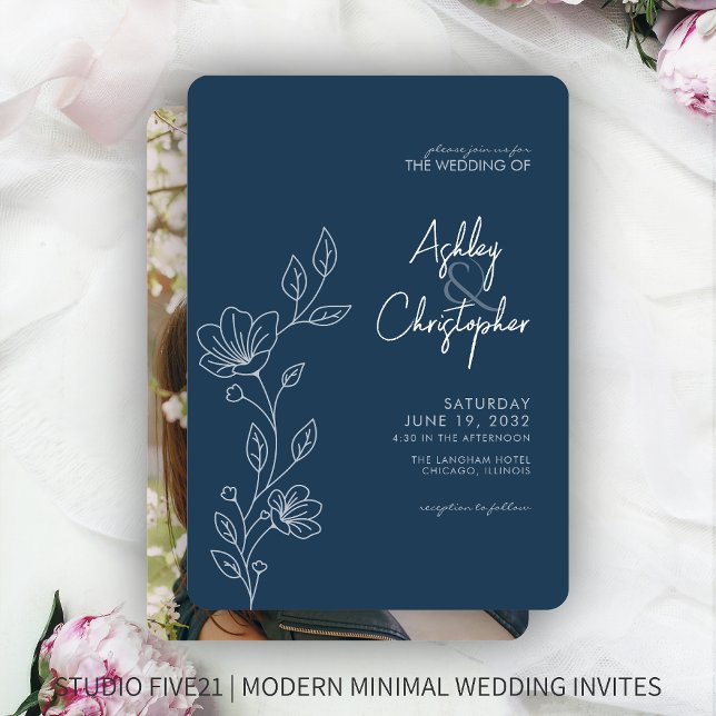 Modern Indigo Blue Foliage Outline Photo Wedding Invitation (Creator Uploaded)
