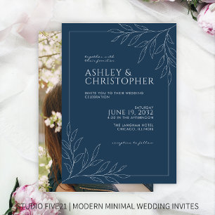 Modern Indigo Blue Foliage Outline Photo Wedding Invitation