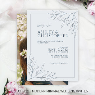 Modern Indigo Blue Foliage Outline Photo Wedding Invitation