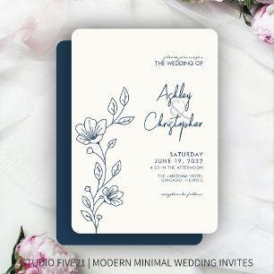 Modern Indigo Blue Foliage Outline Wedding Invitation