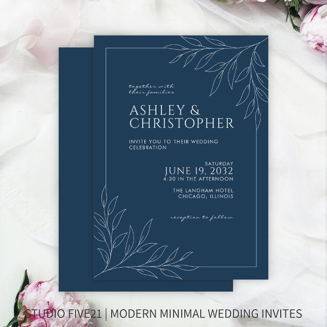 Modern Indigo Blue Foliage Outline Wedding Invitation (Creator Uploaded)