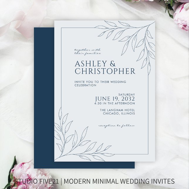 Modern Indigo Blue Foliage Outline Wedding Invitation (Creator Uploaded)