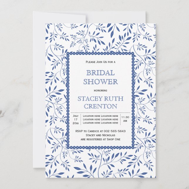 Modern indigo blue leaves wedding bridal shower invitation (Front)