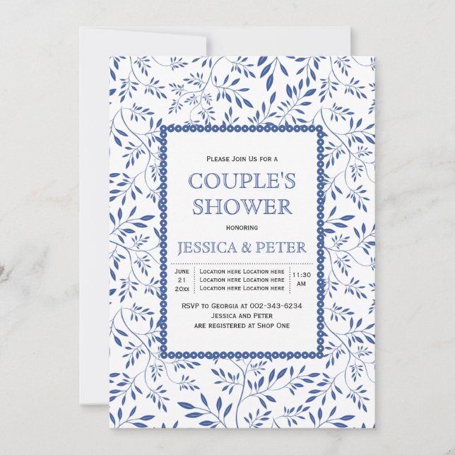 Modern indigo blue leaves wedding couples shower invitation (Front)