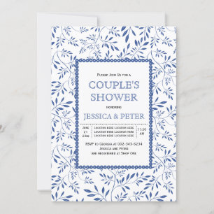 Modern indigo blue leaves wedding couples shower invitation