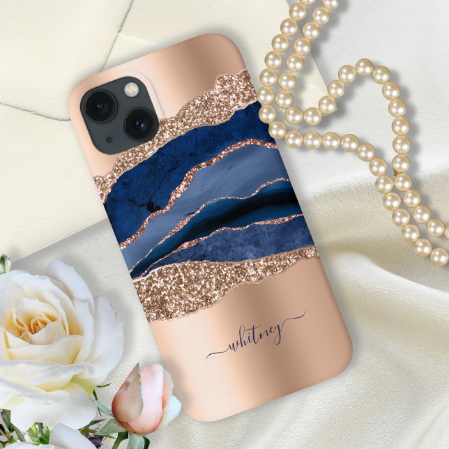 Modern Indigo-Blue Marble Agate  Rose Gold Glitter Case-Mate iPhone Case (Creator Uploaded)