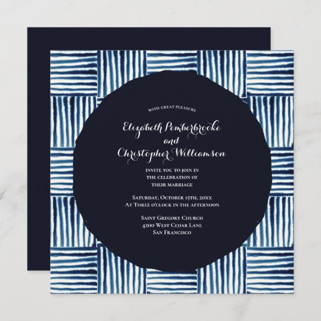 Modern Indigo Blue Stripe Watercolor Wedding Invitation (Front/Back)