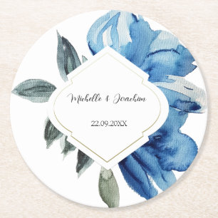 Modern Indigo Blue Watercolor Abstract Floral Round Paper Coaster