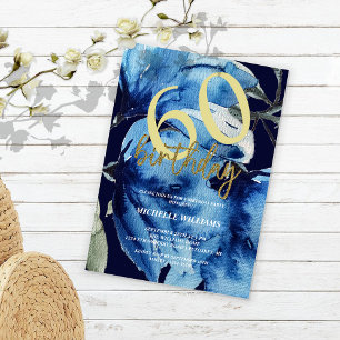 Modern Indigo Floral Glitter Calligraphy Invitation