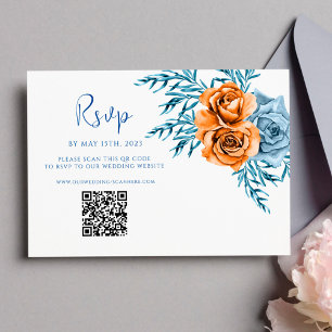 Modern Indigo Rust QR Code Floral Wedding RSVP Card