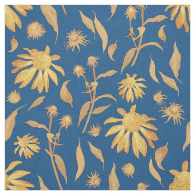 Modern Indigo Yellow Cone Flowers on Blue Fabric (Swatch)