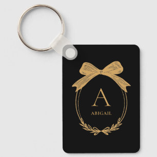 Modern Initial Black and Gold Chic Bow Monogram Key Ring