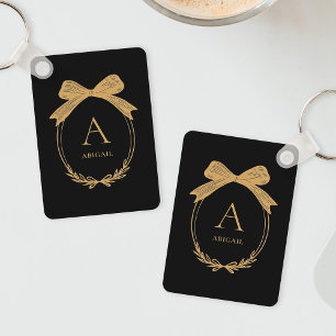 Modern Initial Black and Gold Chic Bow Monogram Key Ring