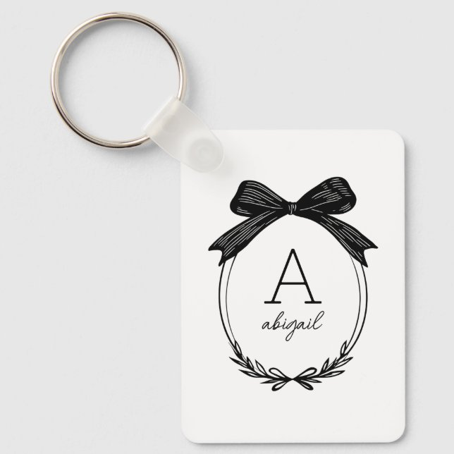 Modern Initial Black and White Chic Bow Monogram Key Ring (Front)