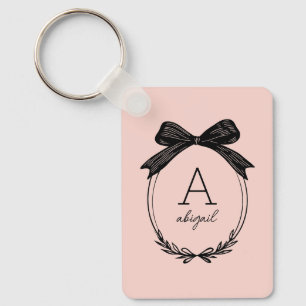 Modern Initial Black Bow Blush Pink Monogram Key Ring