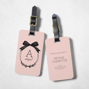 Modern Initial Black Bow Blush Pink Monogram Luggage Tag