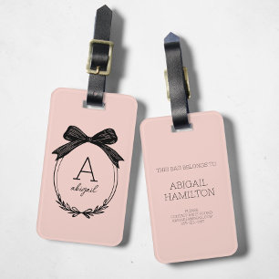Modern Initial Black Bow Blush Pink Monogram Luggage Tag