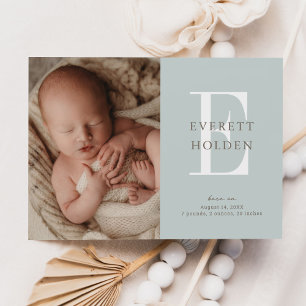 Modern Initial Blue Green Baby Three Photo Birth Announcement