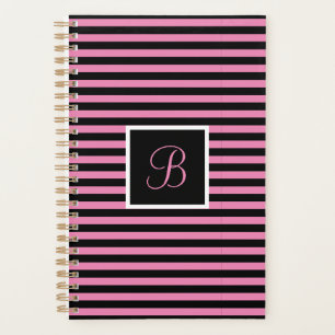 Modern Initial Letter Pink and Black Striped Planner