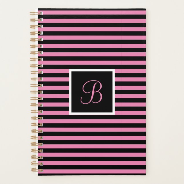 Modern Initial Letter Pink and Black Striped Planner (Front)