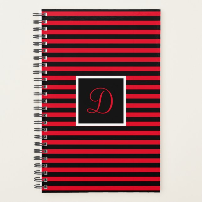 Modern Initial Letter Red and Black Striped  Planner (Front)