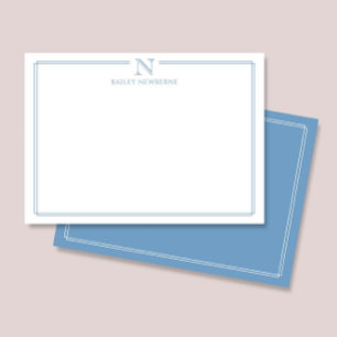 Modern Initial Monogram Blue Border Stationery Card