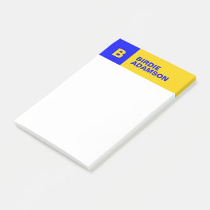 Modern Initial Monogram Blue Gold Name, Elegant Post-it Notes