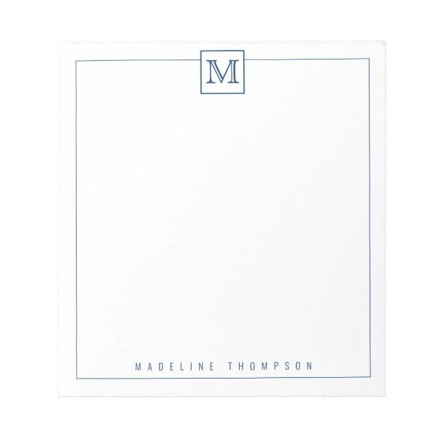 Modern Initial Monogram Square Border Navy Blue Notepad (Front)